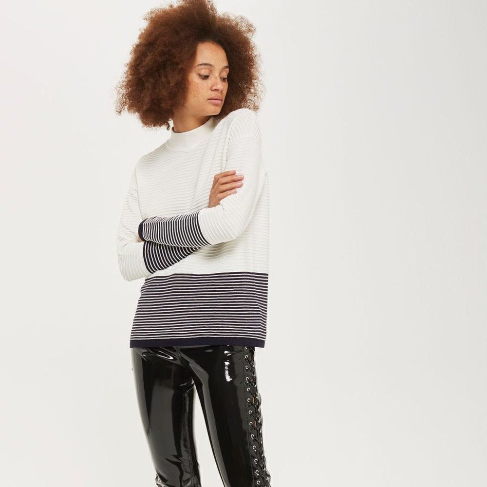 Topshop Womens Ribbed Mock Neck Striped Colorblock Sweater Cream Black US 4